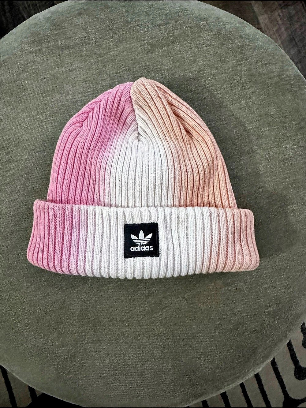 adidas Trefoil Beanie Pink & White Ribbed Knit